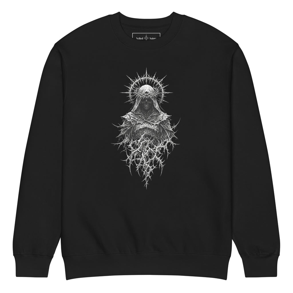 Black crewneck sweatshirt with a hooded skull figure wearing a thorned crown printed on the chest