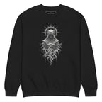 Black crewneck sweatshirt with a hooded skull figure wearing a thorned crown printed on the chest
