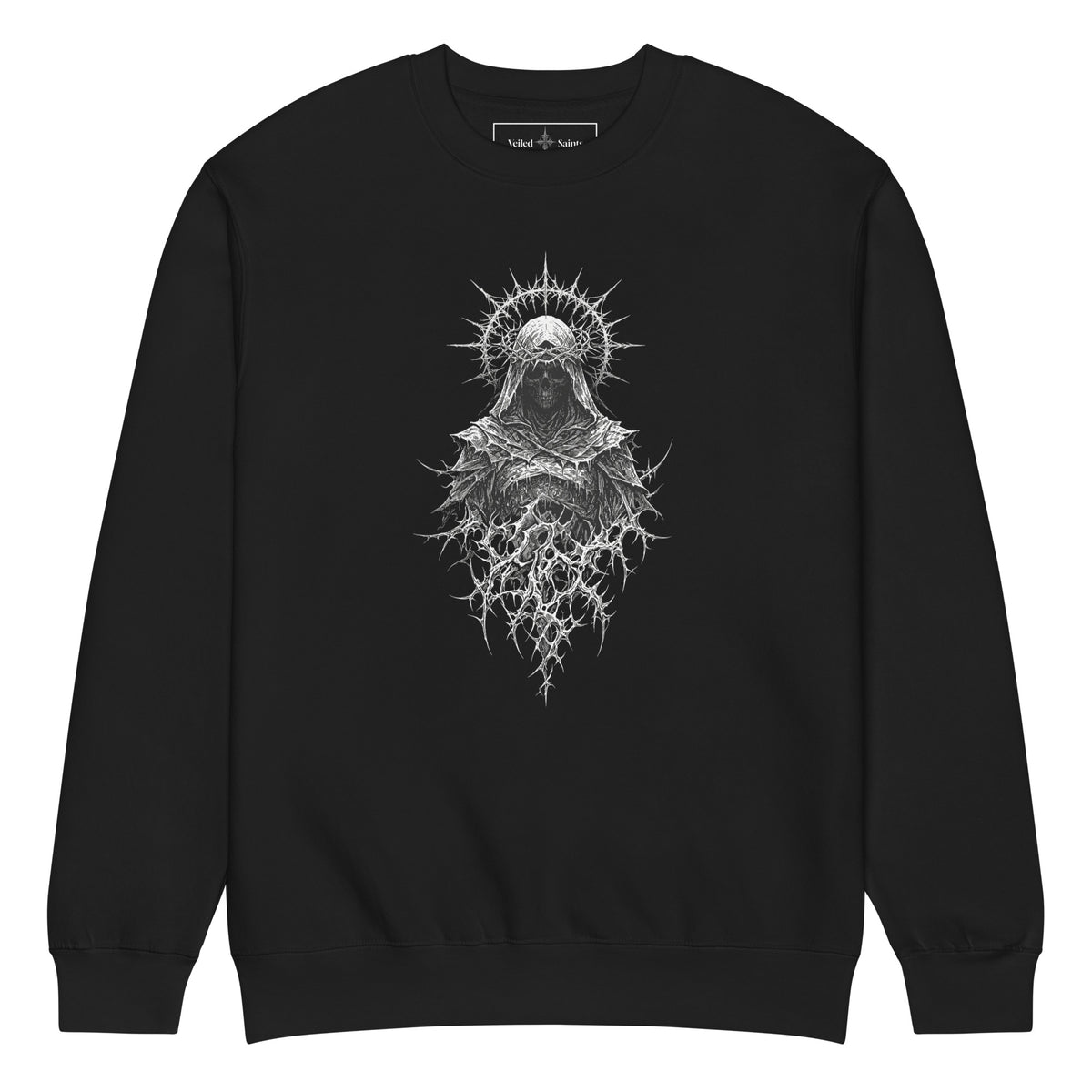 Black crewneck sweatshirt with a hooded skull figure wearing a thorned crown printed on the chest