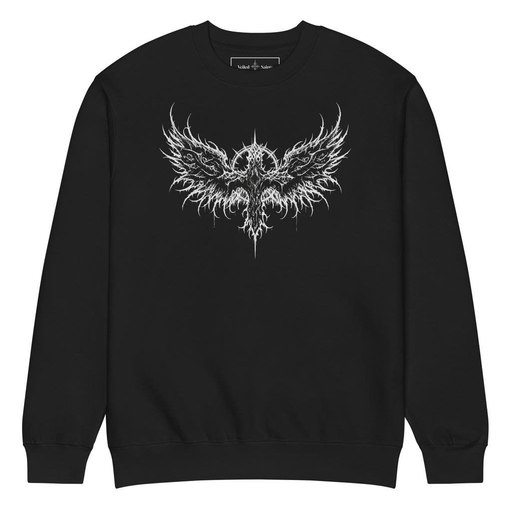 Black cotton-poly crewneck sweatshirt with a thorned wings emblem printed on the chest