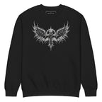 Black cotton-poly crewneck sweatshirt with a thorned wings emblem printed on the chest