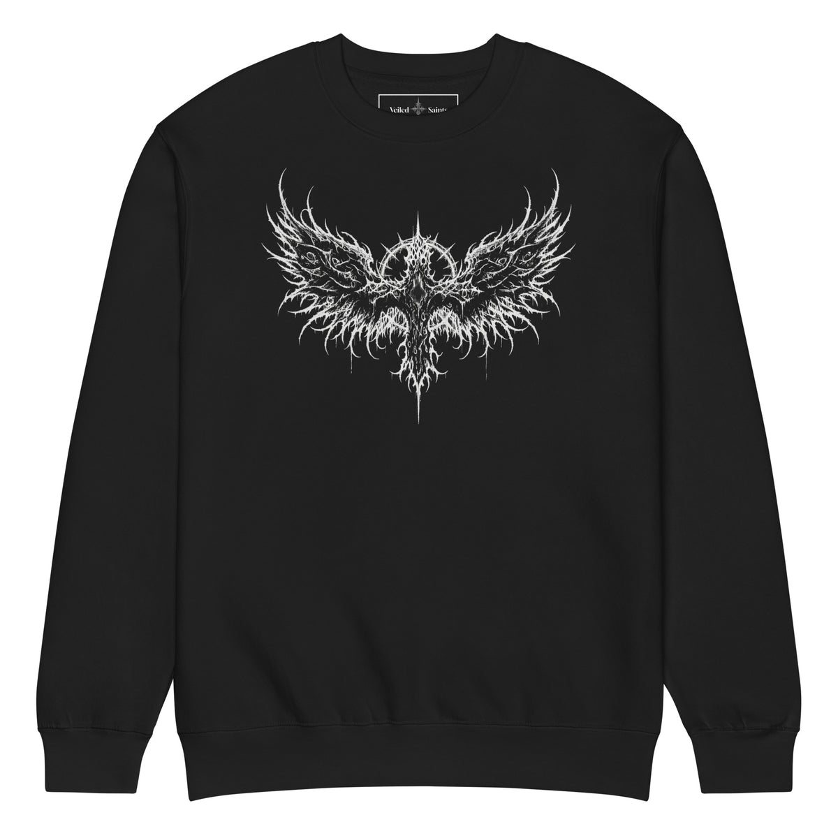 Black cotton-poly crewneck sweatshirt with a thorned wings emblem printed on the chest