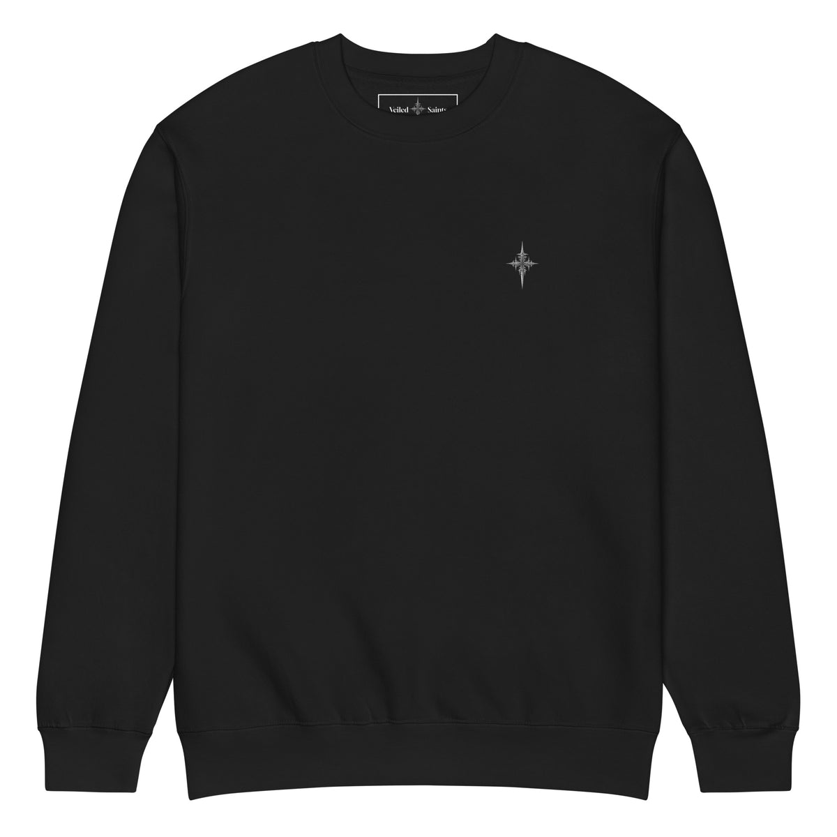 Black crewneck sweatshirt with a small gothic sigil printed on the chest