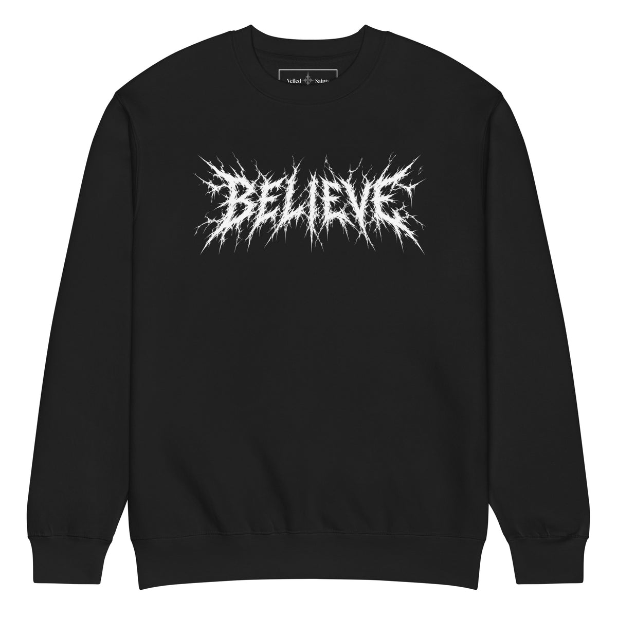 Black crewneck sweatshirt with a jagged 'Believe' wordmark printed on the chest
